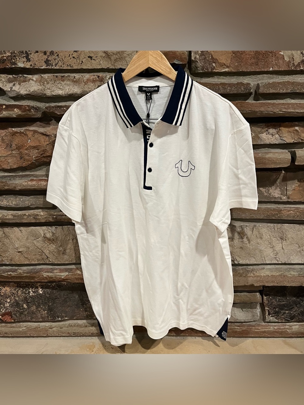 True Religion 100% Cotton White Gusset Polo with Navy Trim